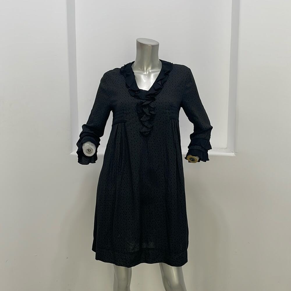Cop. Copine Truite Robe Black Print Dress Long Sleeve Size FR 38 Ruffled Casual